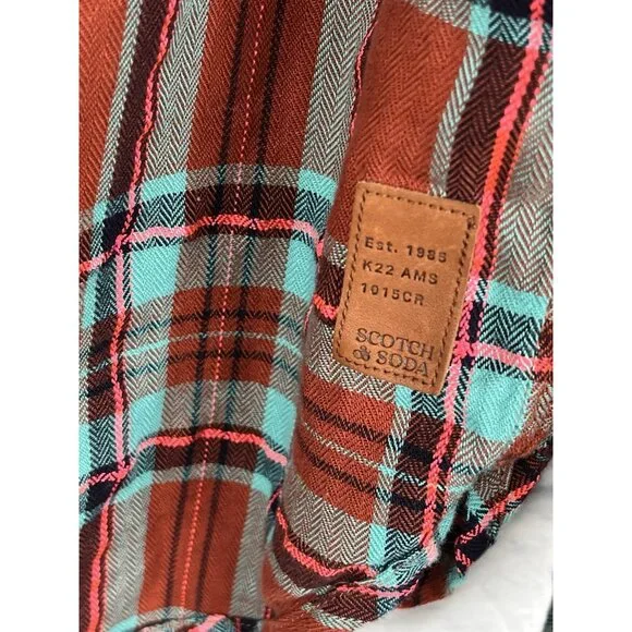 SCOTCH AND SODA AMSTERDAM Men's Burnt Orange Turquoise Plaid Button Down Large - Picture 5 of 6